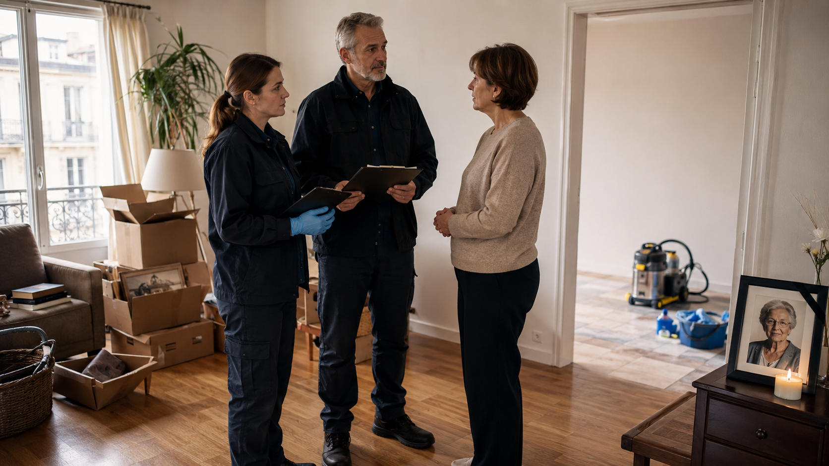 Conseils pour choisir entre débarras et nettoyage après décès Professionnels du débarras et du nettoyage après décès conseillant une famille dans un logement à vider et à assainir