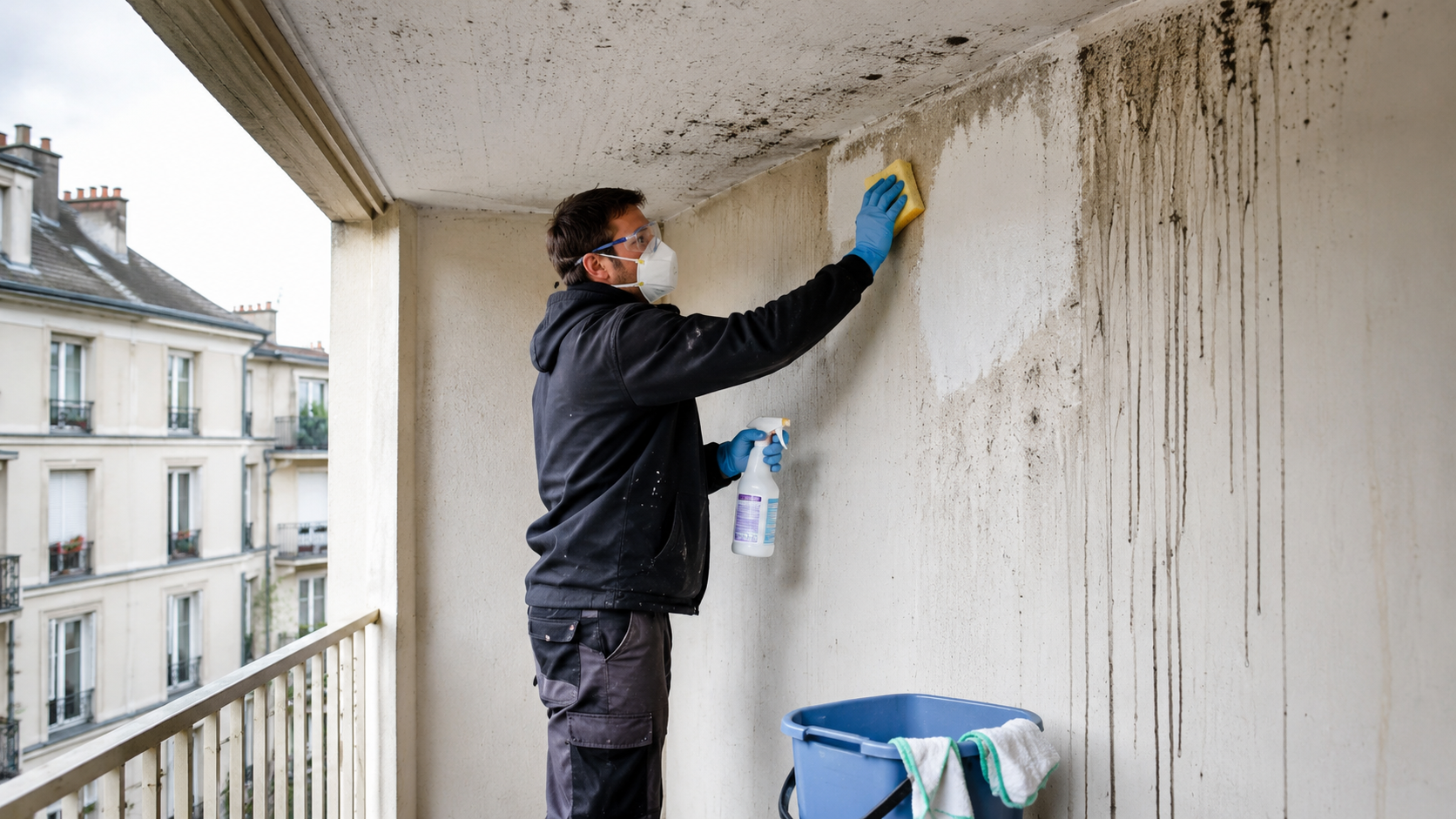 Nettoyage professionnel de murs et plafonds salis par des fientes de pigeon Technicien nettoyant un mur et un plafond salis par des fientes de pigeon avec des équipements de protection