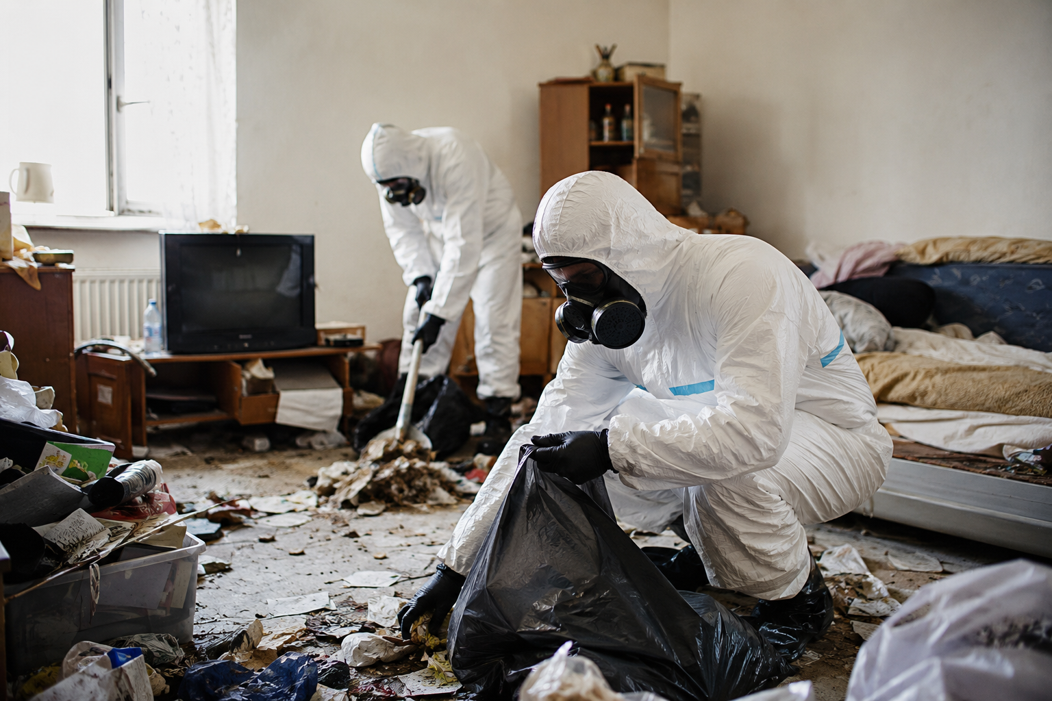 Nettoyage professionnel d’un logement encombré après syndrome de Korsakoff par des agents équipés