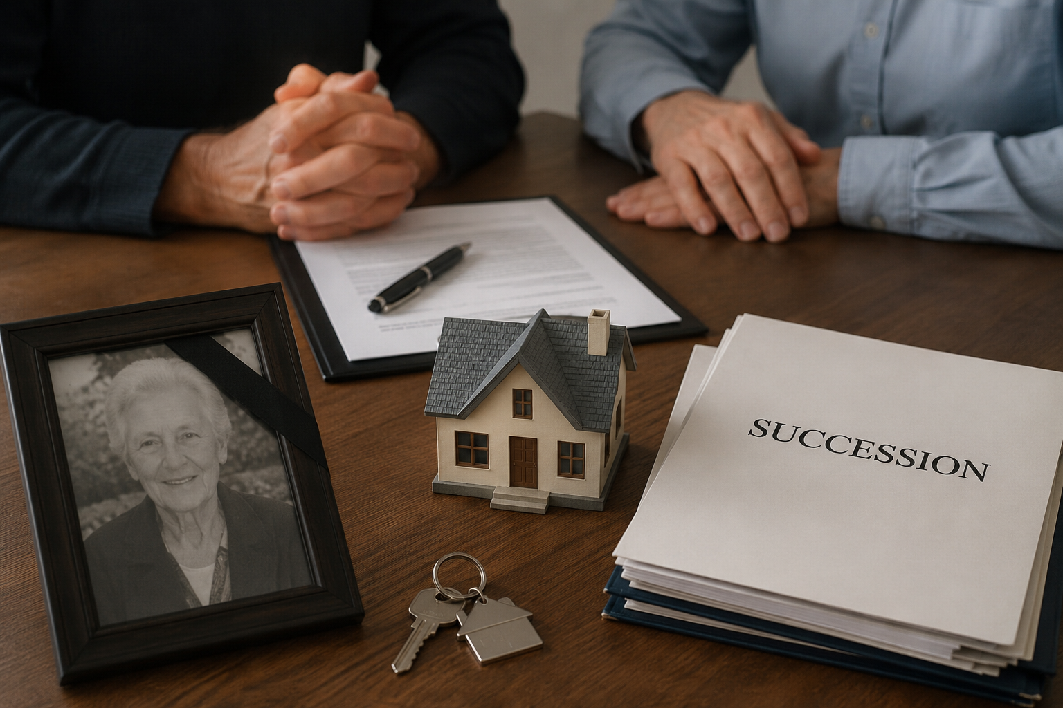 Comment gérer un logement après décès dans une succession Gestion d’un logement après décès dans le cadre d’une succession avec documents, clés et maison miniature
