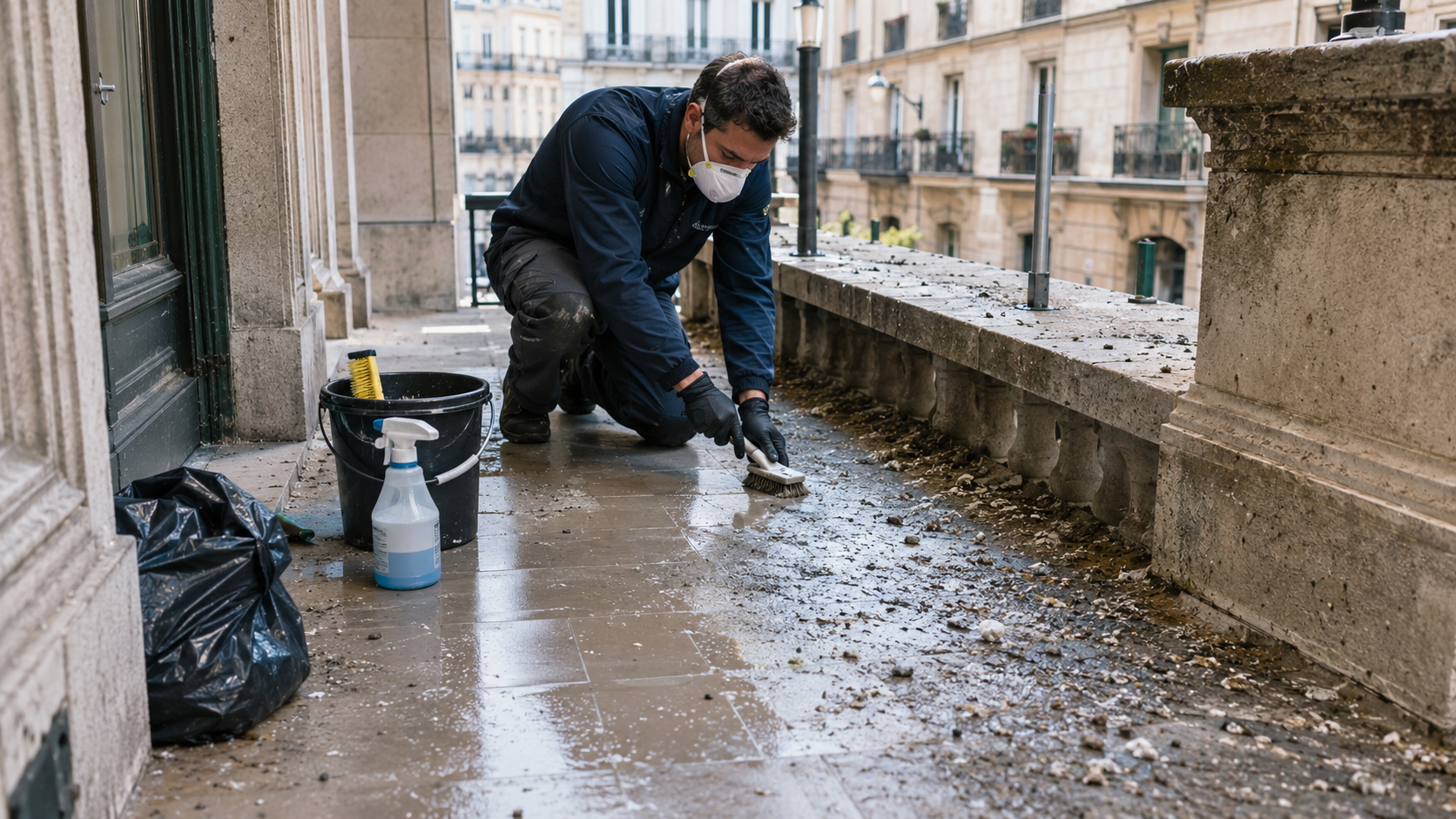 Nettoyage urgent de fientes de pigeon sur balcon Intervention urgente d’un professionnel pour le nettoyage de fientes de pigeon sur un balcon en ville