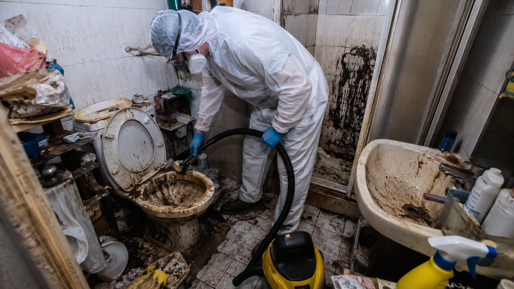 Nettoyage de sanitaires très sales dans un logement avec syndrome de Diogène Agent de nettoyage professionnel désinfectant des sanitaires très sales dans un logement touché par le syndrome de Diogène