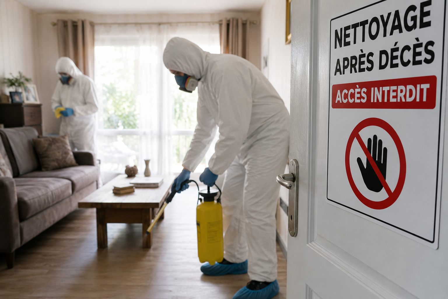 Intervention rapide pour un nettoyage après décès en logement Équipe spécialisée en combinaison de protection réalisant une désinfection rapide après un nettoyage après décès dans un logement