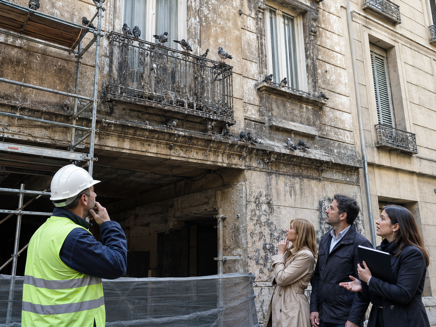 Fientes de pigeon : risques pour les travaux et la vente immobilière Façade d’immeuble dégradée par des fientes de pigeon avec échafaudage, ouvrier du bâtiment et acheteurs inquiets lors d’une visite immobilière